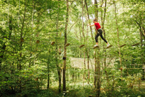 une femme en rouge dans la forêt fait de l'accrobranche dans les arbres une femme en rouge dans la forêt fait de l'accrobranche dans les arbres