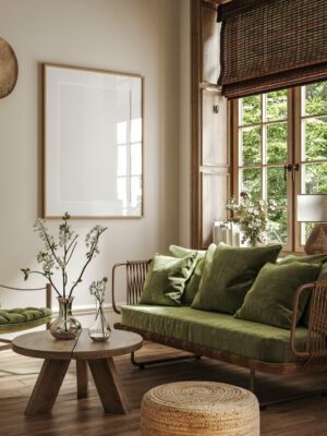 Poster frame mock-up in home interior background with sofa, tabl