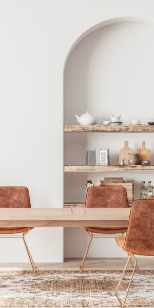 Interior design of modern dining room with orange furniture and
