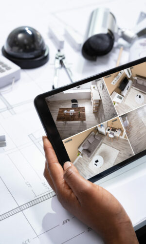 Person Watching Footage On Tablet With Security Equipment An Elevated View Of Person Watching Footage On Digital Tablet With Security Equipment On Blueprint